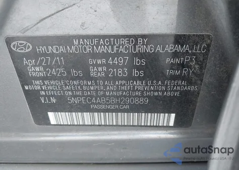 2011 Hyundai Sonata Limited 2.0T из США, поврежденный, VIN 5NPEC4AB5BH290889